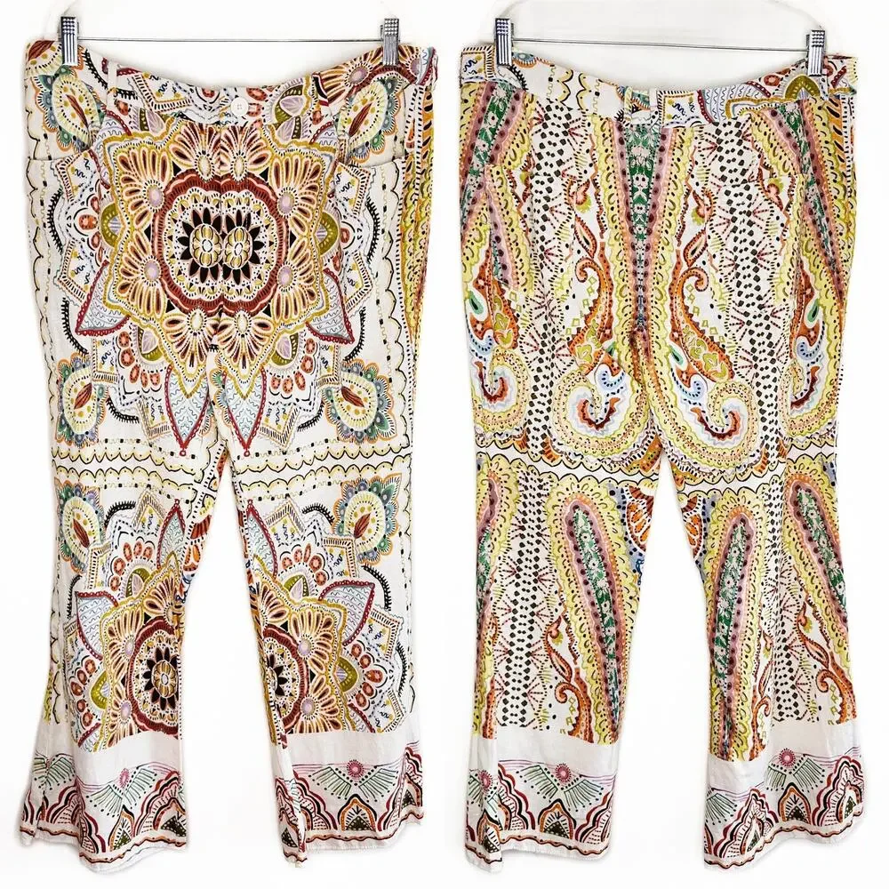 Zara Linen Blend Paisley Mandala Floral Print Wide Leg Ankle Flare Pants XXL - Picture 4 of 16